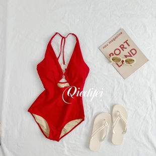 惬迪菲复古港风性感连体三角泳衣女遮肚显瘦大胸温泉度假外穿泳装