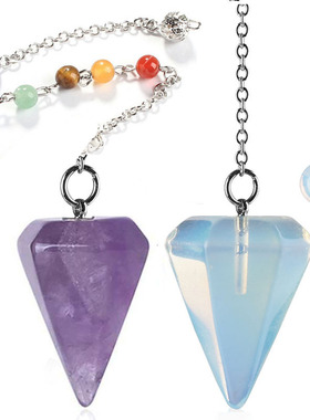 欧美粉晶紫晶天然石六角柱锥形吊坠项链六棱椎水晶瑜伽灵摆项链