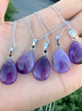 欧美饰品天然石头紫晶水滴吊坠项链简约女吊坠项链毛衣链水晶礼物