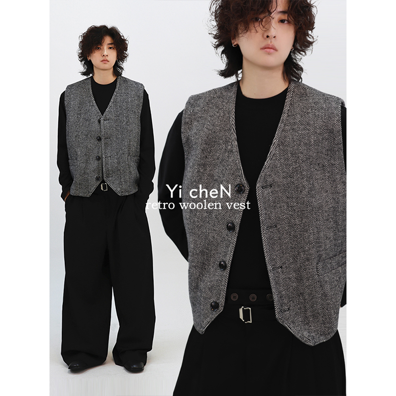 一衬YICHEN  秋冬新款人字纹毛呢马甲高级感复古叠穿百搭坎肩外套