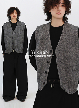 一衬YICHEN  秋冬新款人字纹毛呢马甲高级感复古叠穿百搭坎肩外套