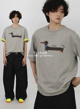 一衬YICHEN 设计师款双面撞色印花卡通短袖舒适t恤情侣腊肠狗上衣