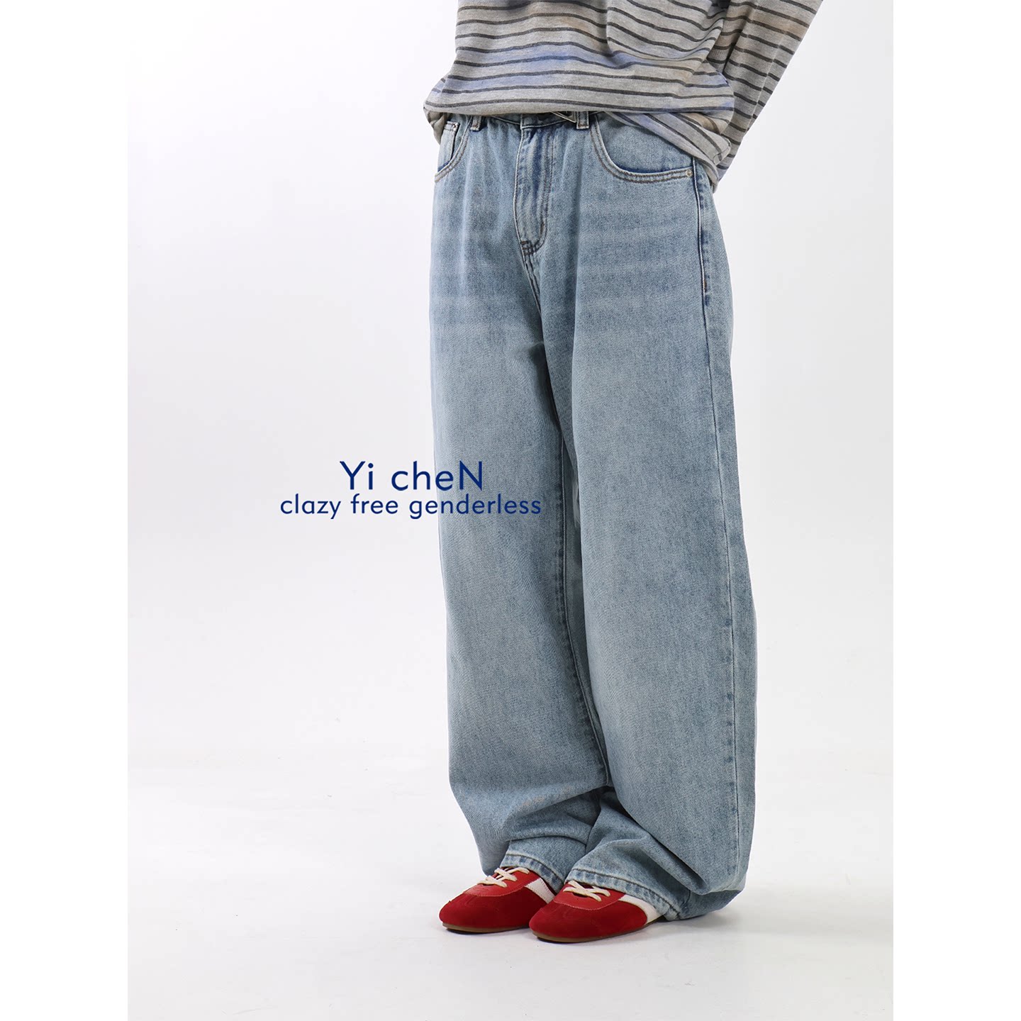 一衬YICHEN  四季可穿纯色中腰浅蓝色牛仔裤宽松直筒休闲常规长裤