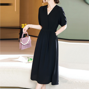 改良汉服黑色雪纺连衣裙长裙收腰2025夏新款交叉领显瘦大摆裙子薄