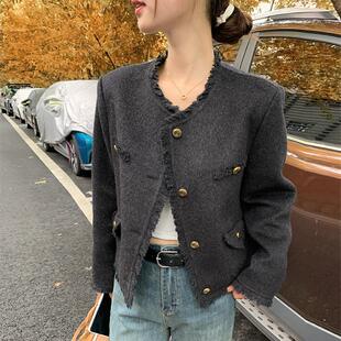 炭黑色小香风外套女短款小个子2026春新款法式高级灰羊毛呢子上衣