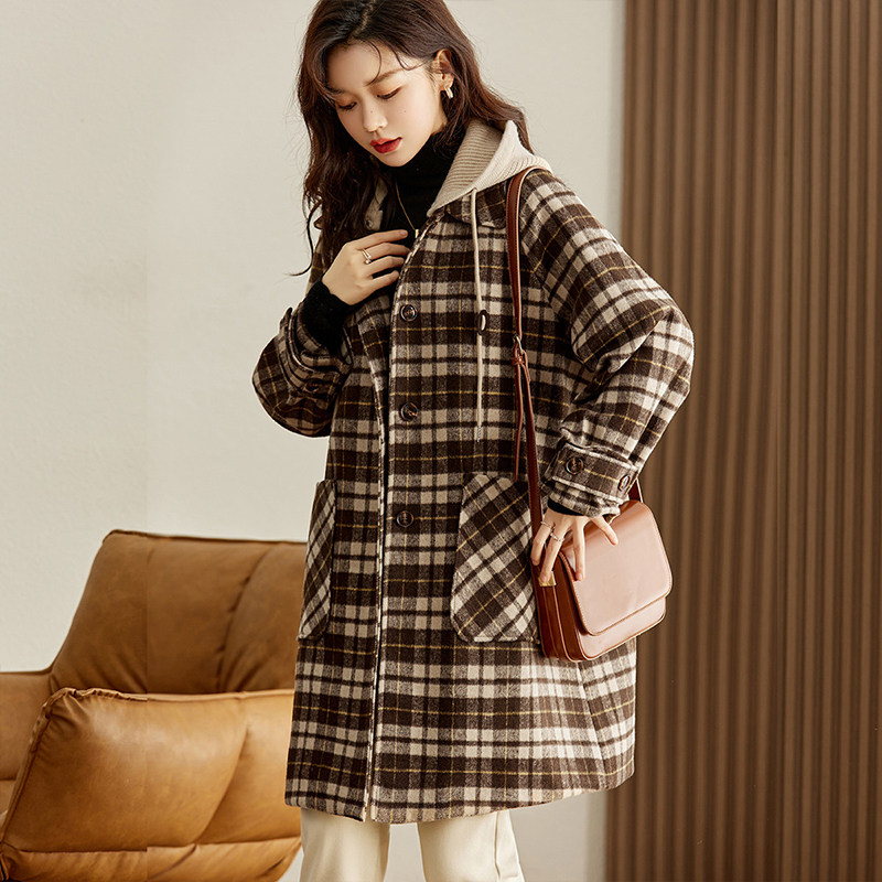 时尚连帽格子毛呢大衣女中长款2025秋冬新款羊毛呢子外套加厚反季,女装/女士精品,毛呢外套,淘宝优惠券,粉丝福利购,淘宝优惠卷