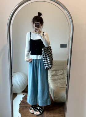 FENG甜甜高腰浅色牛仔阔腿裤女宽松春夏新款韩版百搭显瘦直筒裤子