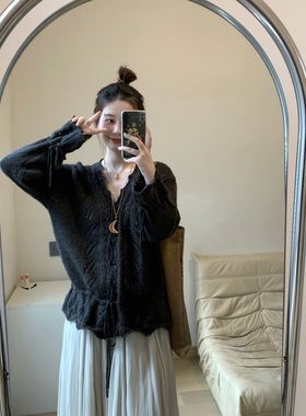 FENG甜甜_画报少女文艺感镂空针织衫女宽松甜美抽绳收腰毛衣外套