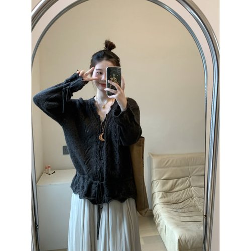 FENG甜甜_画报少女文艺感镂空针织衫女宽松甜美抽绳收腰毛衣外套