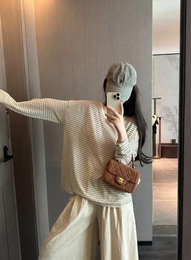 FENG甜甜慵懒风亚麻条纹防晒罩衫女夏季新款大圆领宽松薄款空调衫