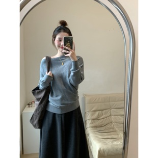 FENG甜甜_蝙蝠袖 女秋冬露肩收腰不规则套头毛衣 一字领宽松针织衫