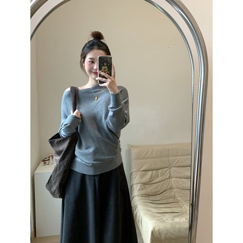 FENG甜甜_蝙蝠袖一字领宽松针织衫女秋冬露肩收腰不规则套头毛衣