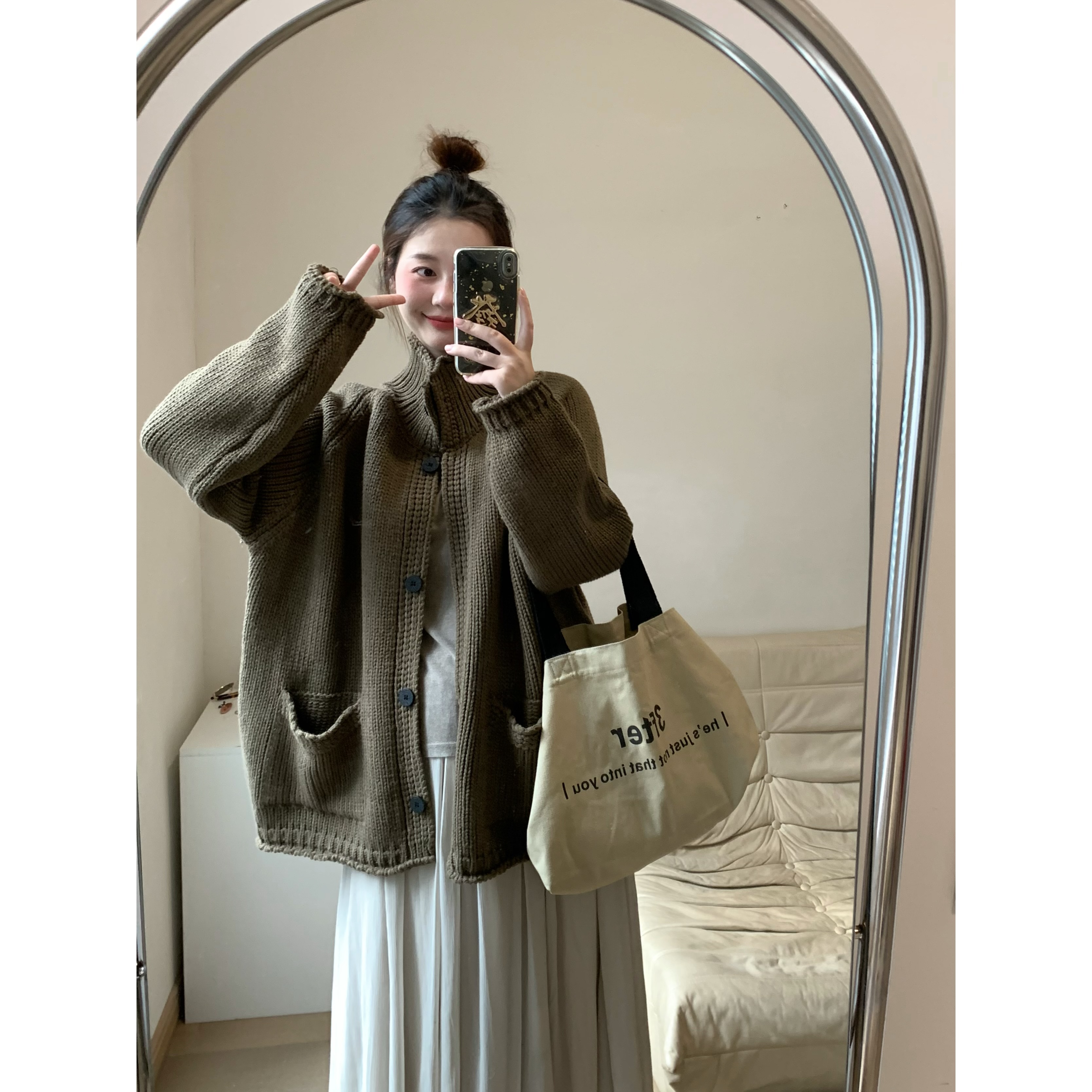 FENG甜甜_重磅大翻领毛衣外套女秋冬新款宽松立领慵懒风针织上衣