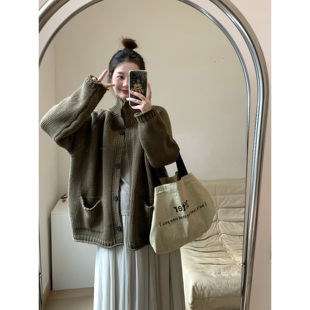 FENG甜甜_重磅大翻领毛衣外套女秋冬新款 宽松立领慵懒风针织上衣