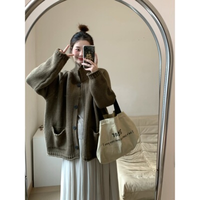 FENG甜甜_重磅大翻领毛衣外套女秋冬新款宽松立领慵懒风针织上衣