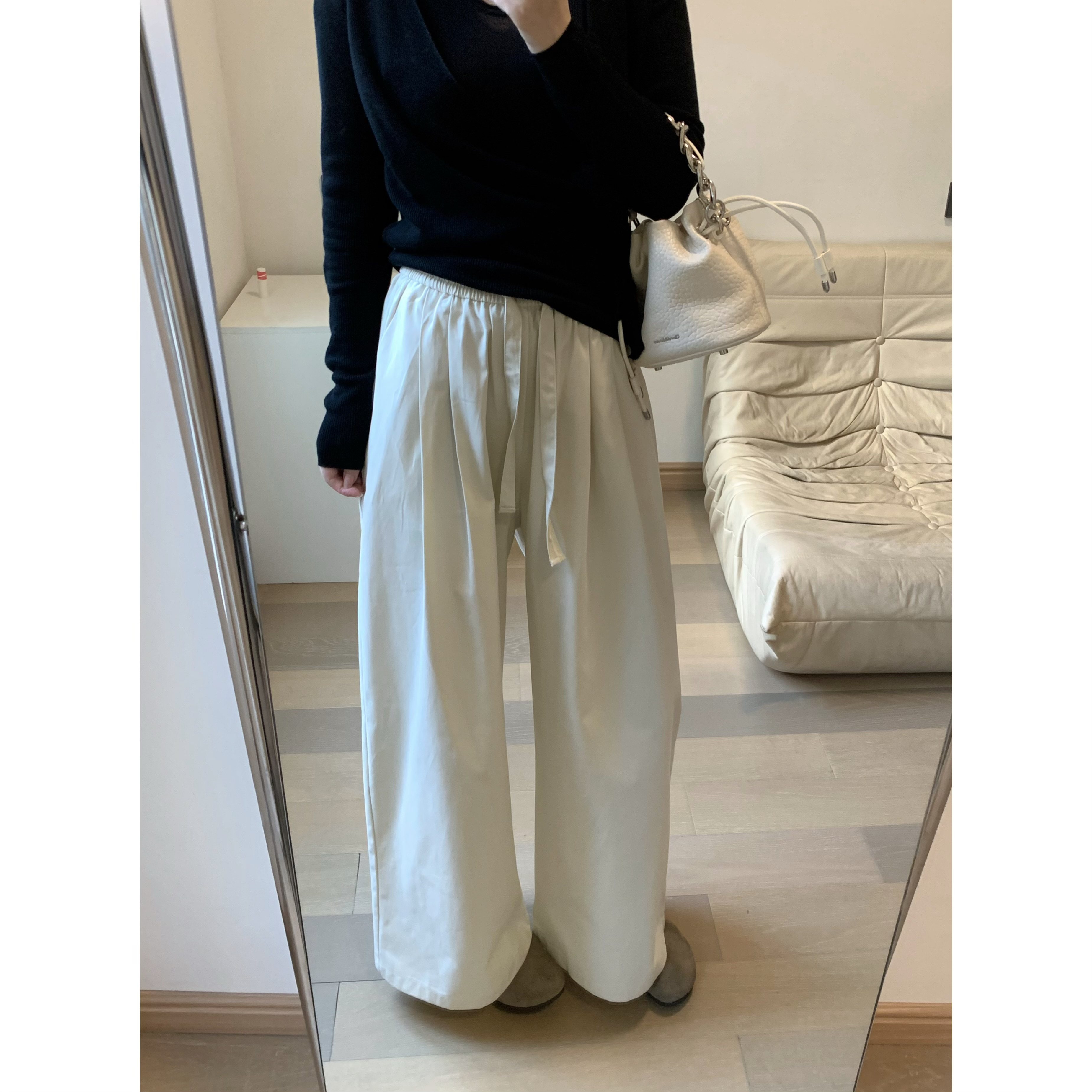 FENG甜甜_抽绳松紧腰棉休闲阔腿裤女早秋新款宽松显瘦百搭直筒裤