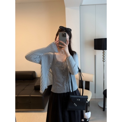 FENG甜甜_v领韩系坑条针织小开衫女春季简约气质显瘦防晒长袖上衣