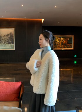 FENG甜甜2023冬新款羊羔毛皮毛一体羊剪绒小个子外套拉链款上衣女