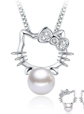 925纯银日韩动漫卡通叮当KT凯蒂猫可爱贝珍珠吊坠hellokity项链女