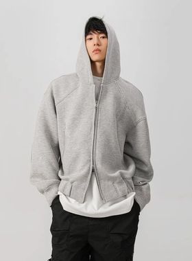 灰色美式重磅连帽卫衣开衫男女春秋冬潮牌高级感短款宽松情侣外套