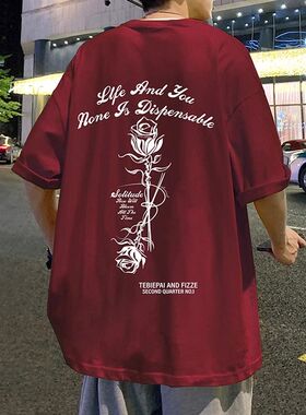 220g紧密赛络纺美式复古玫瑰花短袖t恤男士夏季宽松休闲t恤