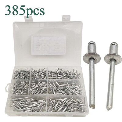 385pcs盒装 8 种铝制铆钉 组合套件 开口圆头抽芯铆钉 1/8 3/16