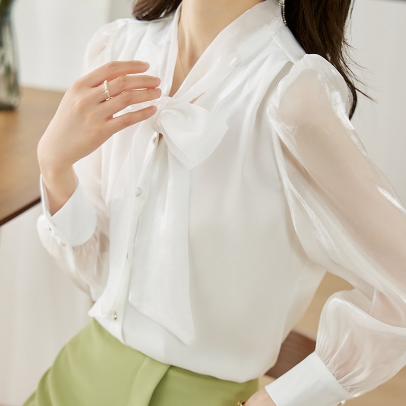 实拍衬衣女秋季小众洋气系带蝴蝶结欧根纱上衣法式灯笼袖长袖衬衫