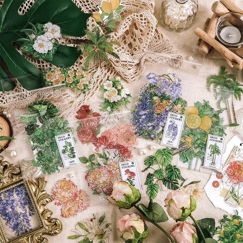 造景绿岛花园复古手帐素材pet防水贴纸植物花卉手账装饰diy贴画