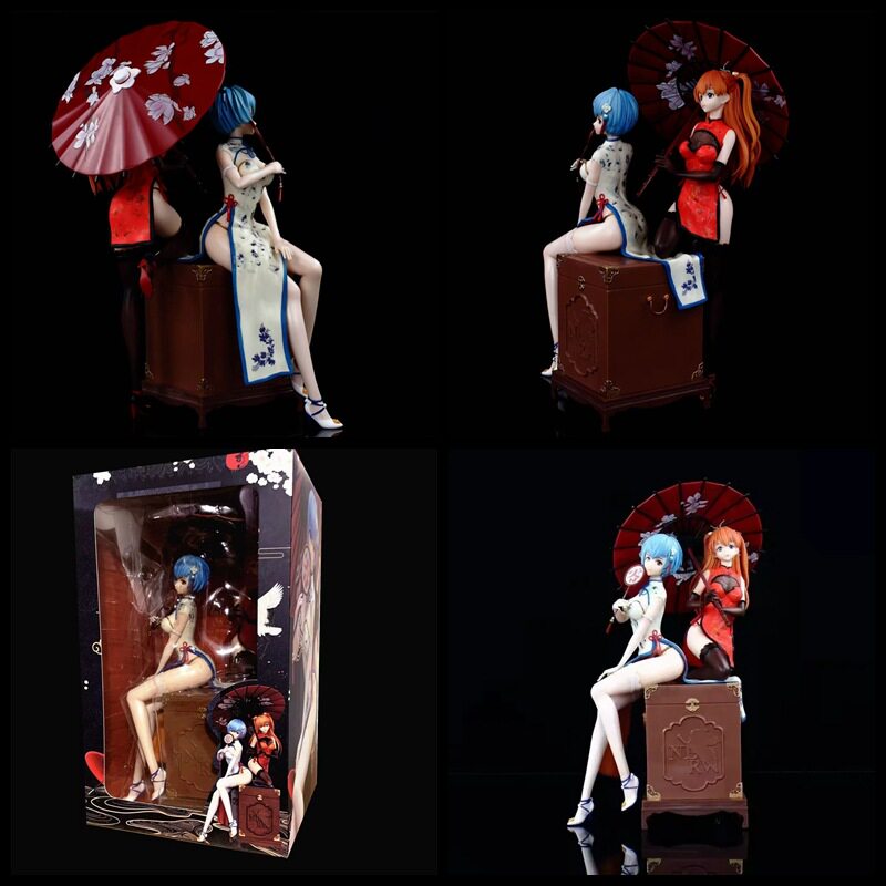美少女系列 eva 国风旗袍 明日香 凌波丽 撑伞场景 模型 盒装手办