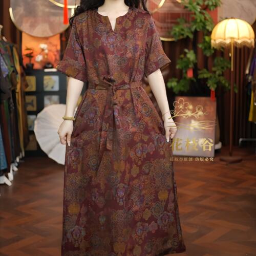 柔情绰态 （咖红桔）提花老料女装V领五分袖双面双穿连衣裙