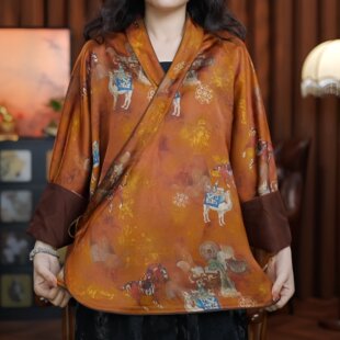 桔色 短款 2026新款 开衫 外套茶服 V领刺绣老料长袖 晓梦啼莺