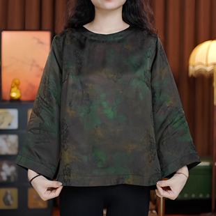 爱不释手（墨绿色）双面双穿中式女提花上衣老料刻花