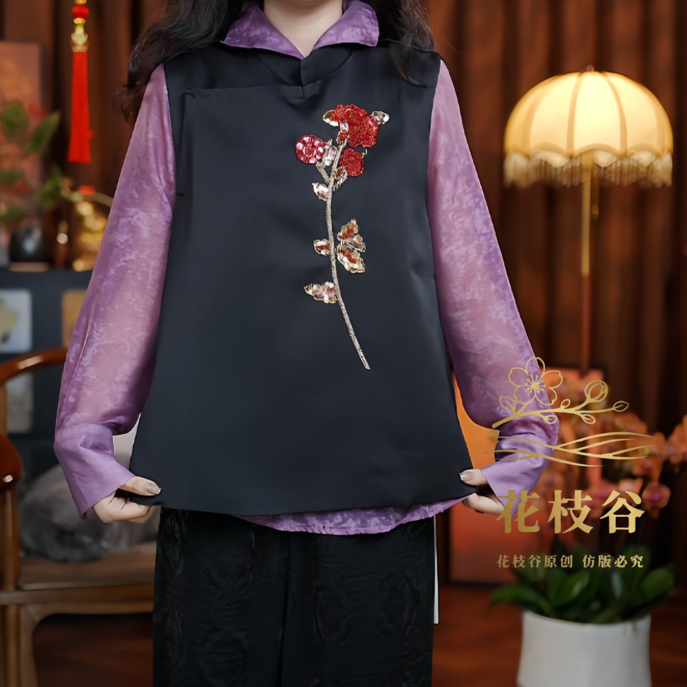 琪花瑶草（黑色）2026无袖新款立领刺绣老料马夹马甲