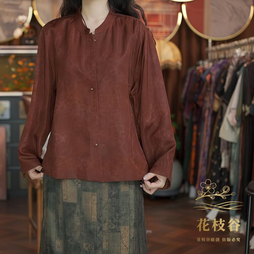 拾光裙语（红咖）早秋圆领提花长袖双面双穿上衣开衫02-378