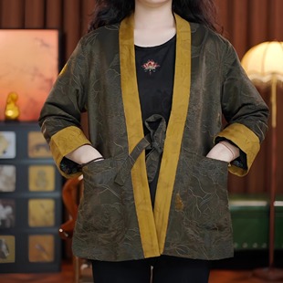 荷风送香(姜黄色)中式女提花上衣老料刻花外套拼接撞色