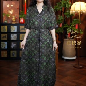听风赏雨（黑绿色）2026提花老料V领短袖连衣裙