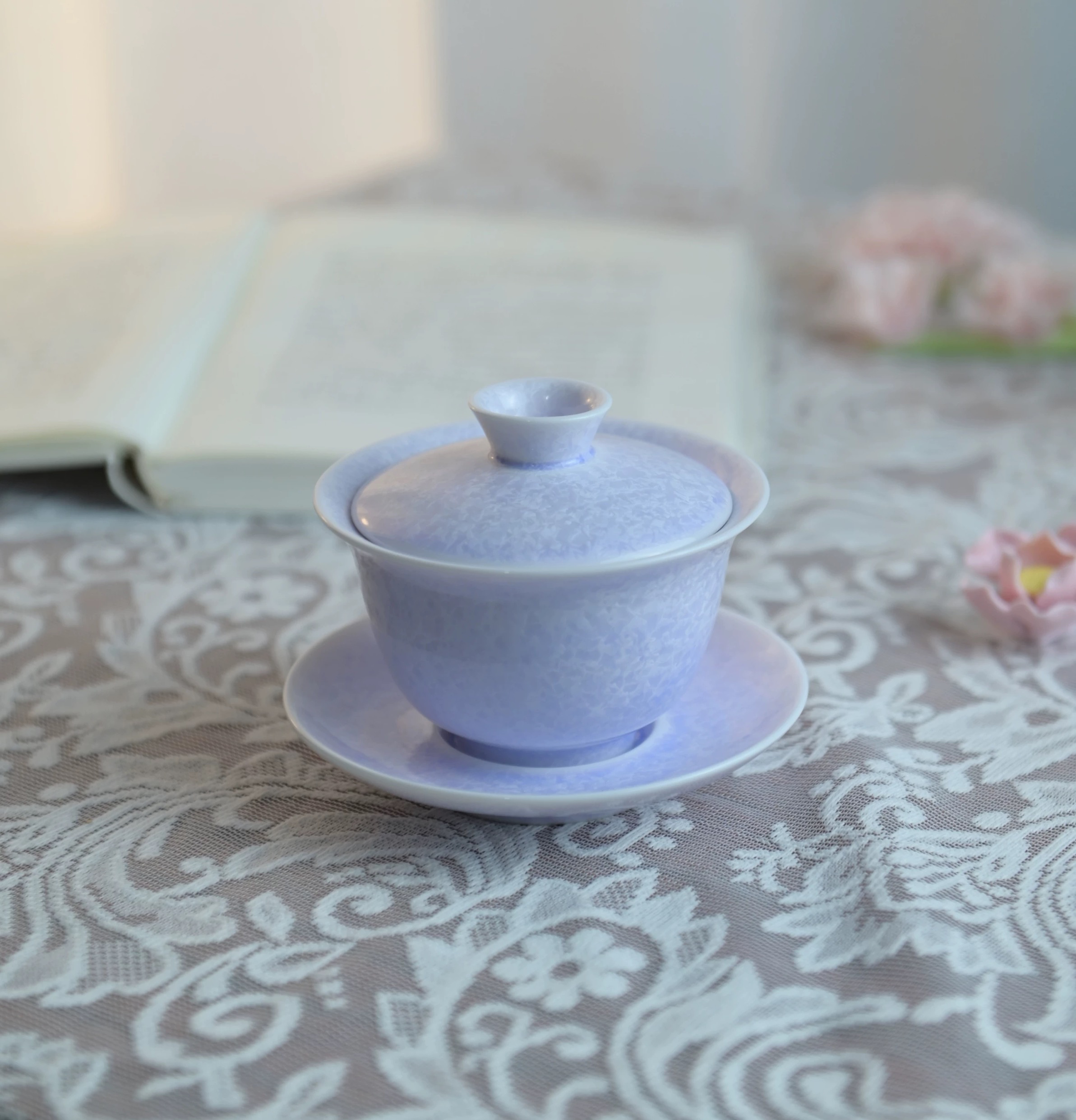 紫色窑变结晶釉三才盖碗茶杯陶瓷泡茶器女士高端泡茶杯功夫茶具