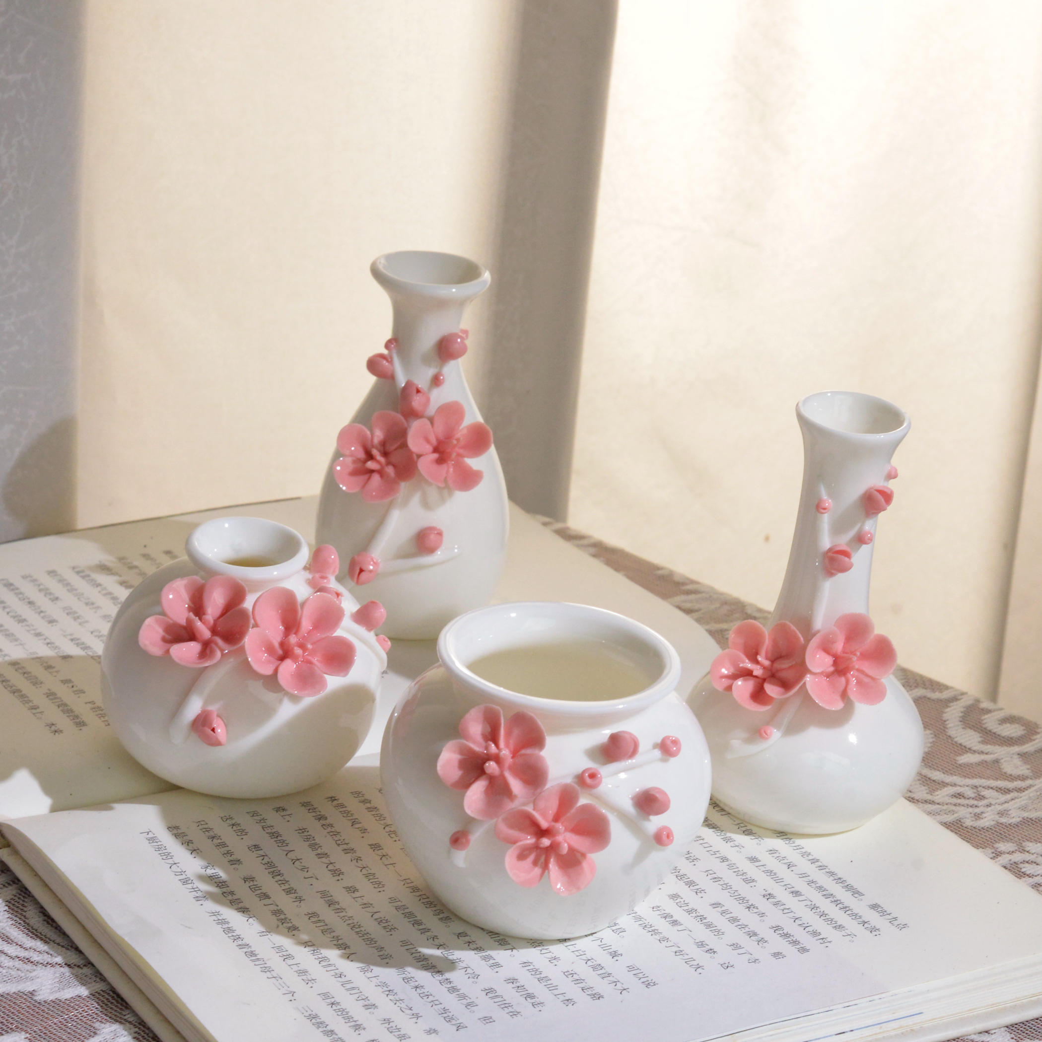 景德镇陶瓷花瓶手工花加粉色梅花枝套组小清新摆件客厅装饰花香薰