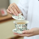 家用功夫陶瓷茶具三才盖碗茶碗功夫茶具 山茶花羊脂玉烤花中式
