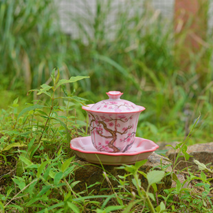 故龙窑红泥猪油冻红梅三才盖碗陶瓷泡茶碗功夫茶具家用敬茶杯子