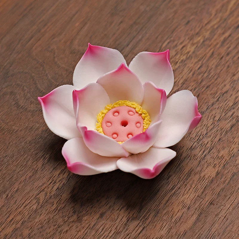 陶瓷小荷花香插摆件纯手工莲花盖置摆件工艺品香薰装饰手捏