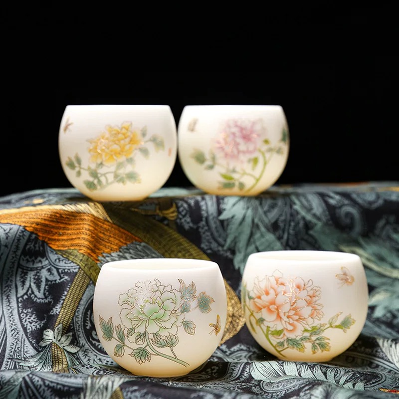 功夫茶具陶瓷羊脂玉白瓷牡丹茶杯描金品茗杯主人杯单杯礼品套装