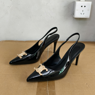 晚宴高跟鞋~~外贸单夏款漆皮金属扣尖头细跟后绊带凉鞋时装女鞋子
