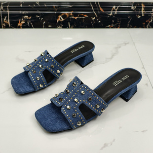 5CM性感女士粗跟拖鞋凉~出口外贸单牛仔布方头露趾柳钉高跟拖鞋