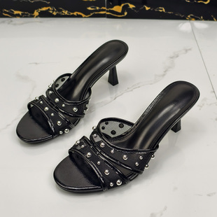 西班牙单新款~圆头露趾细跟拖鞋柳钉网纱镂空一字型高跟凉鞋拖女