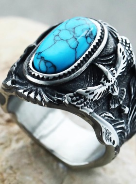 欧美ins个性时尚霸气高级感镶嵌蓝松石男款戒指闭口大码嘻哈指环