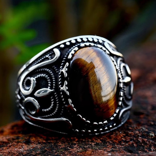 欧美高级感虎眼石钛钢戒指个性男士镶嵌复古潮牌不掉色单身食指环