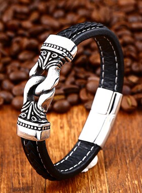 欧美时尚雕花皮手链 高级感复古不锈钢男士皮手镯钛钢潮人手饰品