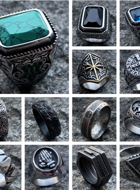 不掉色潮人复古时尚小众戒指男士高级感轻奢松石不锈钢朋克饰品