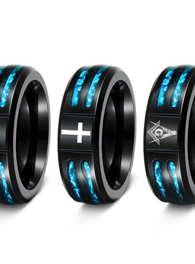 时尚潮人个性新款镶嵌蓝色仿澳宝激光镭射十字架共济会男士戒指